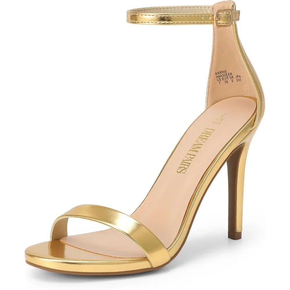 Women's Gold-Metallic Flower Ankle Strap Stiletto Round Open Toe Stylish Heel